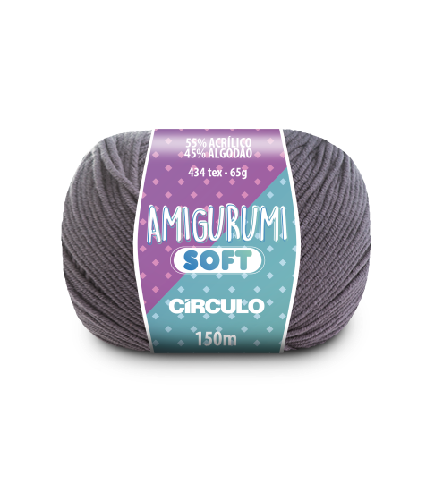 A ball of grey acrylic and cotton blend yarn labeled 'Amigurumi (Soft)' by Circulo.