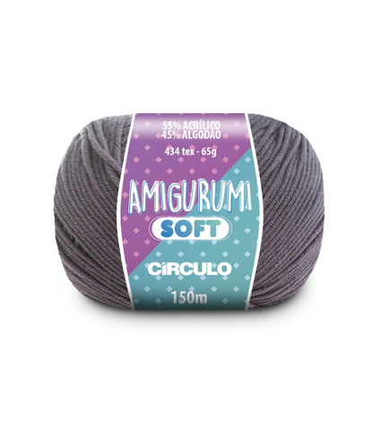 A ball of grey acrylic and cotton blend yarn labeled 'Amigurumi (Soft)' by Circulo.