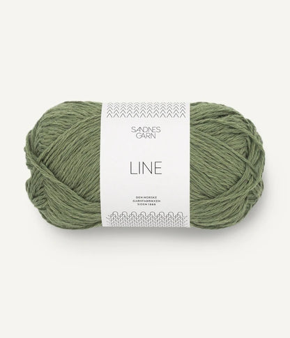 A ball of olive coloured cotton/linen/viscose yarn labeled 'Line' by Sandnesgarn
