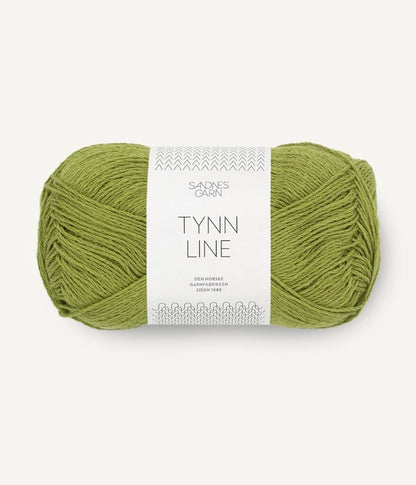 A ball of matcha cotton/linen/viscose yarn labeled 'TYNN LINE' by Sandnes Garn