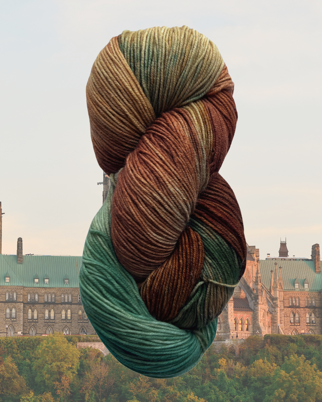 Copper, green, beige, brown and teal skein of merino and nylon yarn in front of a background of Parliament Hill in Ottawa
