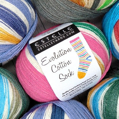 Colorful yarn balls with Estelle Evolution Cotton Sock label