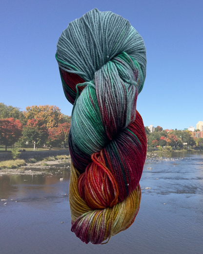 Multicolour skein of blue, red, yellow, orange, an green merino and nylon yarn on a background on the Ottawa River