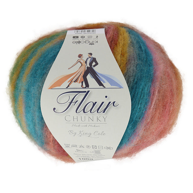 A ball of King Cole Flair Chunky yarn with a white paper label, showing a variegated color pattern of blue, pink, yellow, and green on a white background.