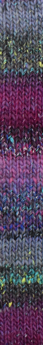 A close-up swatch of knitted fabric showing vertical stripes in iridescent, holographic-like colors including purple, pink, blue, green, and gray.