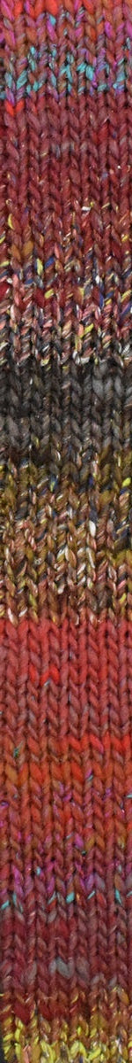A close-up of a woven textile or ribbon showing vertical stripes of red, orange, yellow, brown, and blue with a textured, ribbed pattern.