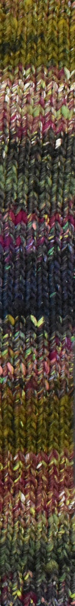 A close-up of a knitted fabric swatch showing a variegated pattern of olive green, yellow, pink, purple, and dark gray yarns.