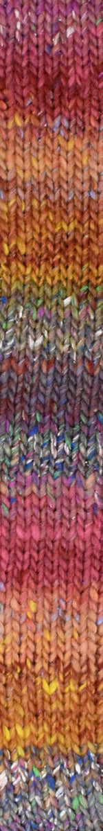 A close-up of a knitted fabric swatch showing a variegated multicolor pattern with stripes of pink, purple, orange, yellow, green, and blue.