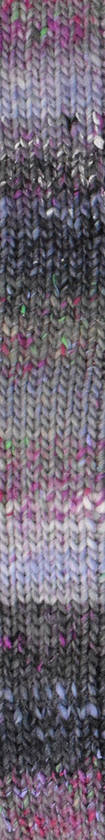 A close-up of a textured knit fabric with vertical stripes in black, gray, white, and pink.