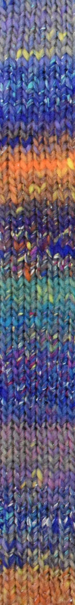 A close-up of a highly textured, iridescent fabric or ribbon showing a shimmering multicolor pattern with blue, purple, orange, and gold hues.