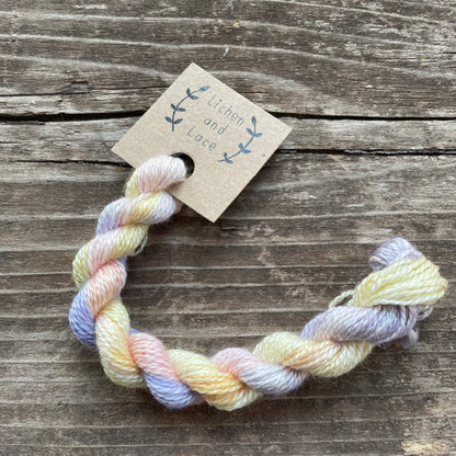 A skein of Bouquet pastel variegated embroidery yarn labelled 'Lichen and Lace'.