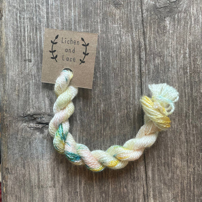 A skein of I See Seashells pastel variegated embroidery yarn labelled 'Lichen and Lace'.