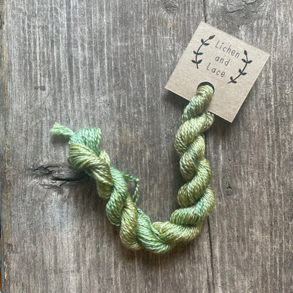 A skein of Lichen green embroidery yarn labelled 'Lichen and Lace'.