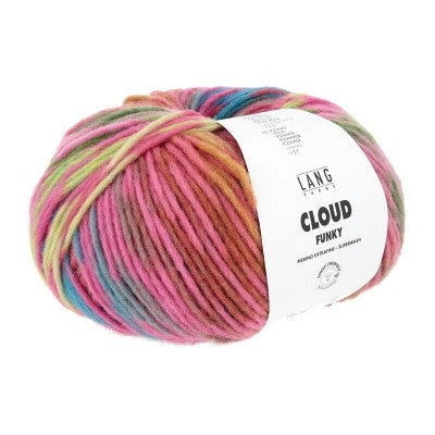 A skein of Lang Cline Cloud Funky yarn, featuring a variegated color pattern of pink, orange, green, and blue 