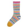 A knitted cotton and nylon sock with pink, purple, green, white, and yellow stripes from Estelle yarns