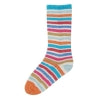 A knitted cotton and nylon sock with pink, purple, blue, white, and yellow stripes from Estelle yarns