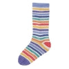 A knitted cotton and nylon sock with orange, purple, green, white, and yellow stripes from Estelle yarns