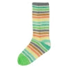 A knitted cotton and nylon sock with green, yellow, grey, white, and orange stripes from Estelle yarns