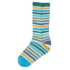 A knitted cotton and nylon sock with blue, green, yellow, and white stripes from Estelle yarns