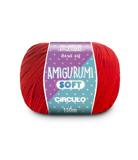 A ball of red acrylic and cotton blend yarn labeled 'Amigurumi (Soft)' by Circulo.