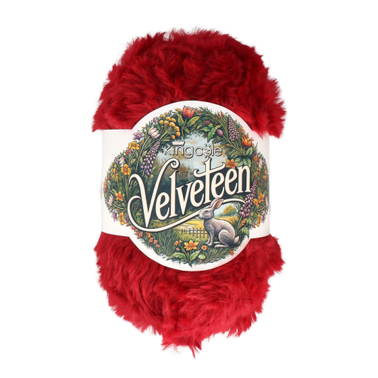 A ball of red coloured polyester yarn labeled 'Velveteen' by King Cole.