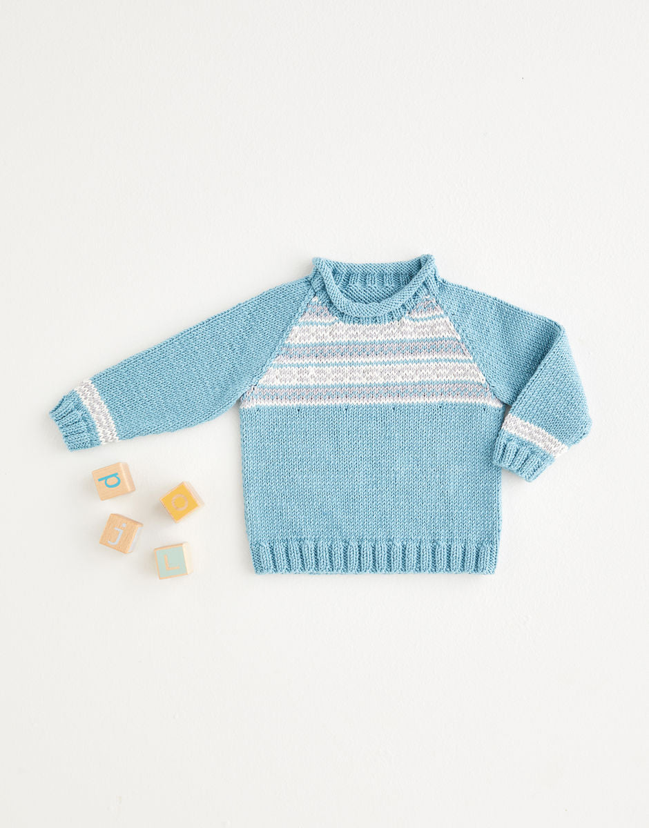 Blue knitted sweater with white stripes on a white background