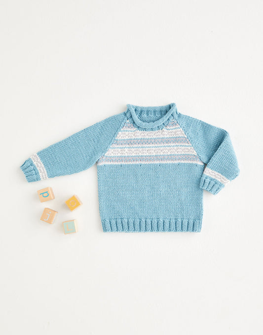 Blue knitted sweater with white stripes on a white background