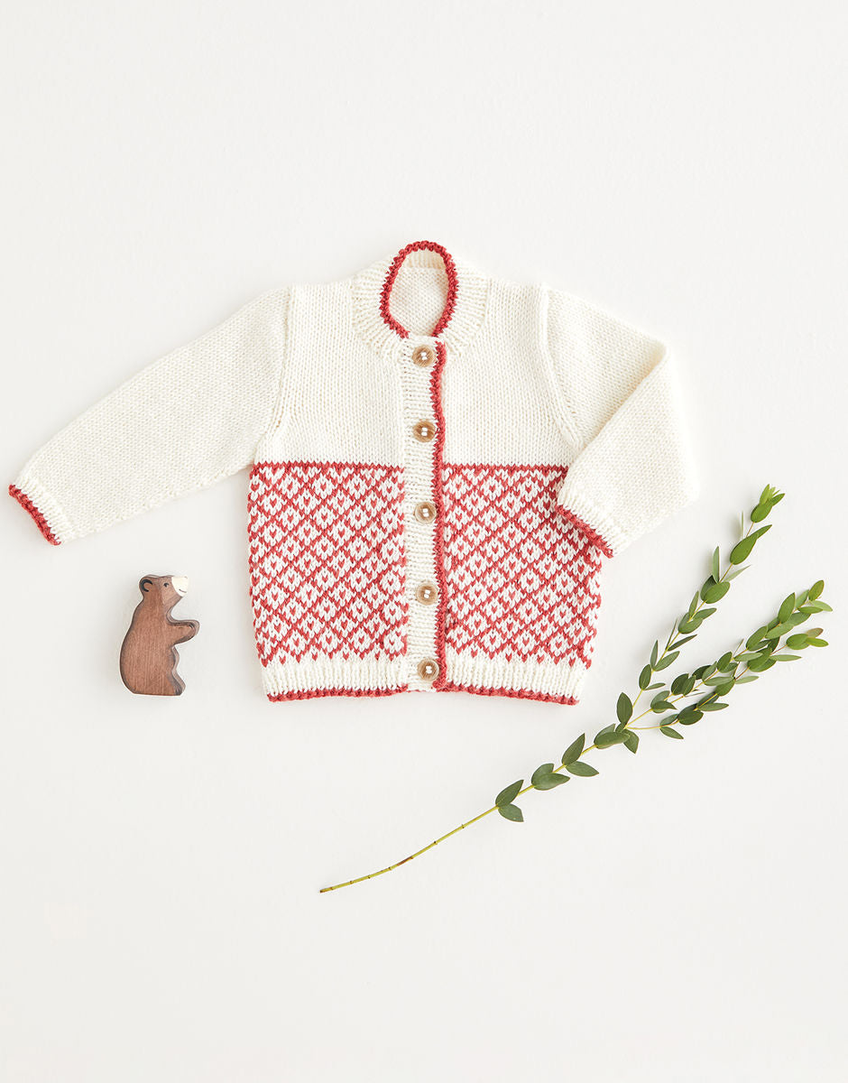 Knitted cardigan with red pattern on a white background