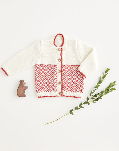 Knitted cardigan with red pattern on a white background