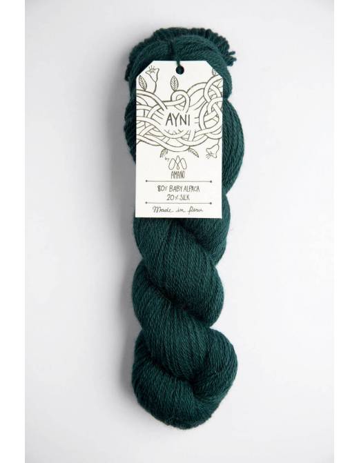 Dark green skein of yarn with a 'Ayni' label on a white background
