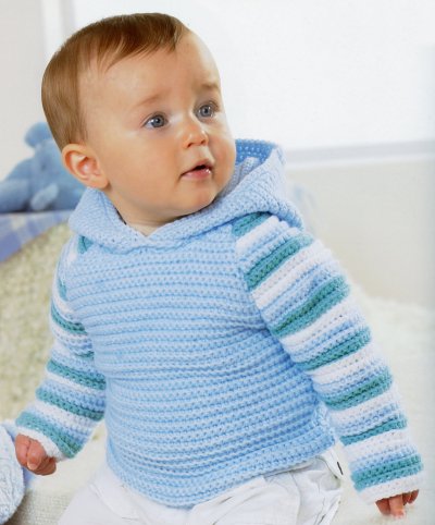 Sirdar Book 411 - The Baby Crochet Book - Design 1296 - Plain Hoodie with Striped Sleeves