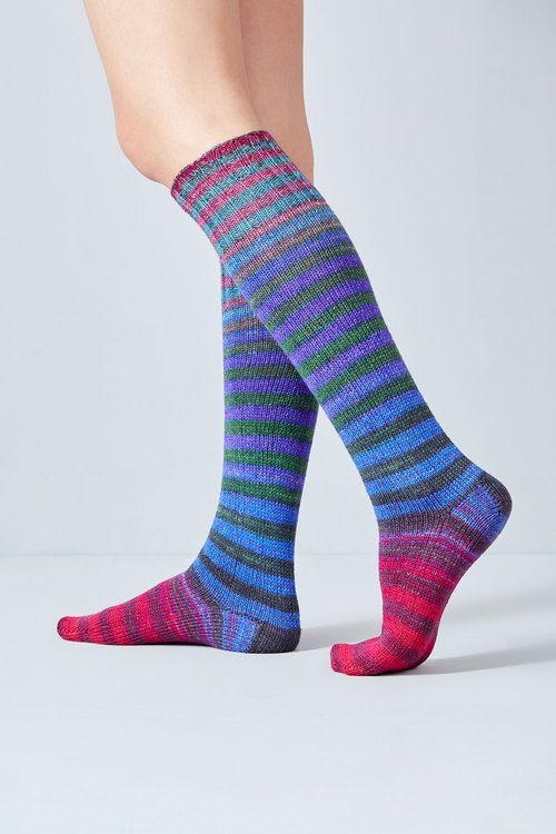 Merino and nylon knit purple, pink, and blue stripe socks from Urth