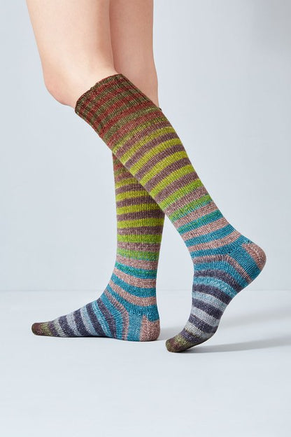 Merino and nylon knit green, teal, grey, and brown stripe socks from Urth