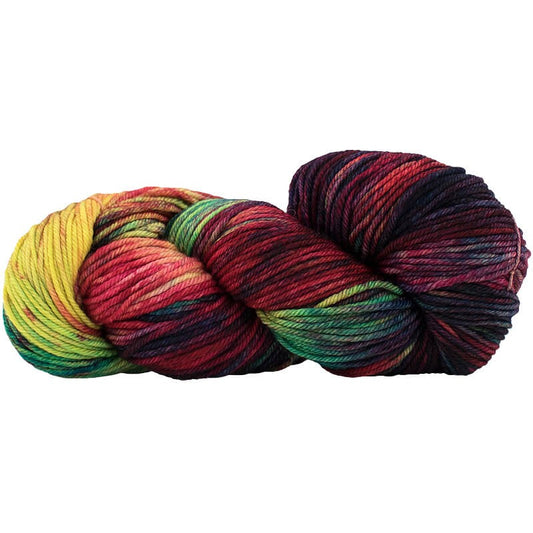 A skein of multicolored, hand-dyed Rios merino wool yarn.