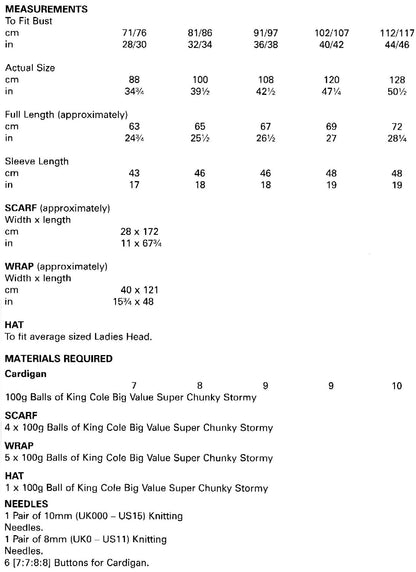 King Cole Big Value Chunky Stormy Leaflet 5195 - Sizes and Measurements