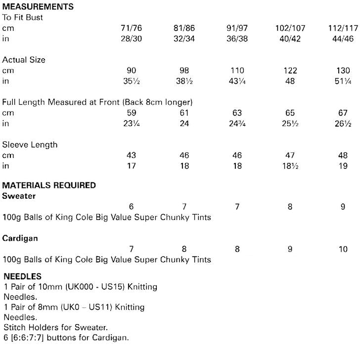 King Cole Big Value Super Chunky Tints Leaflet 5028 - Sizes and Materials