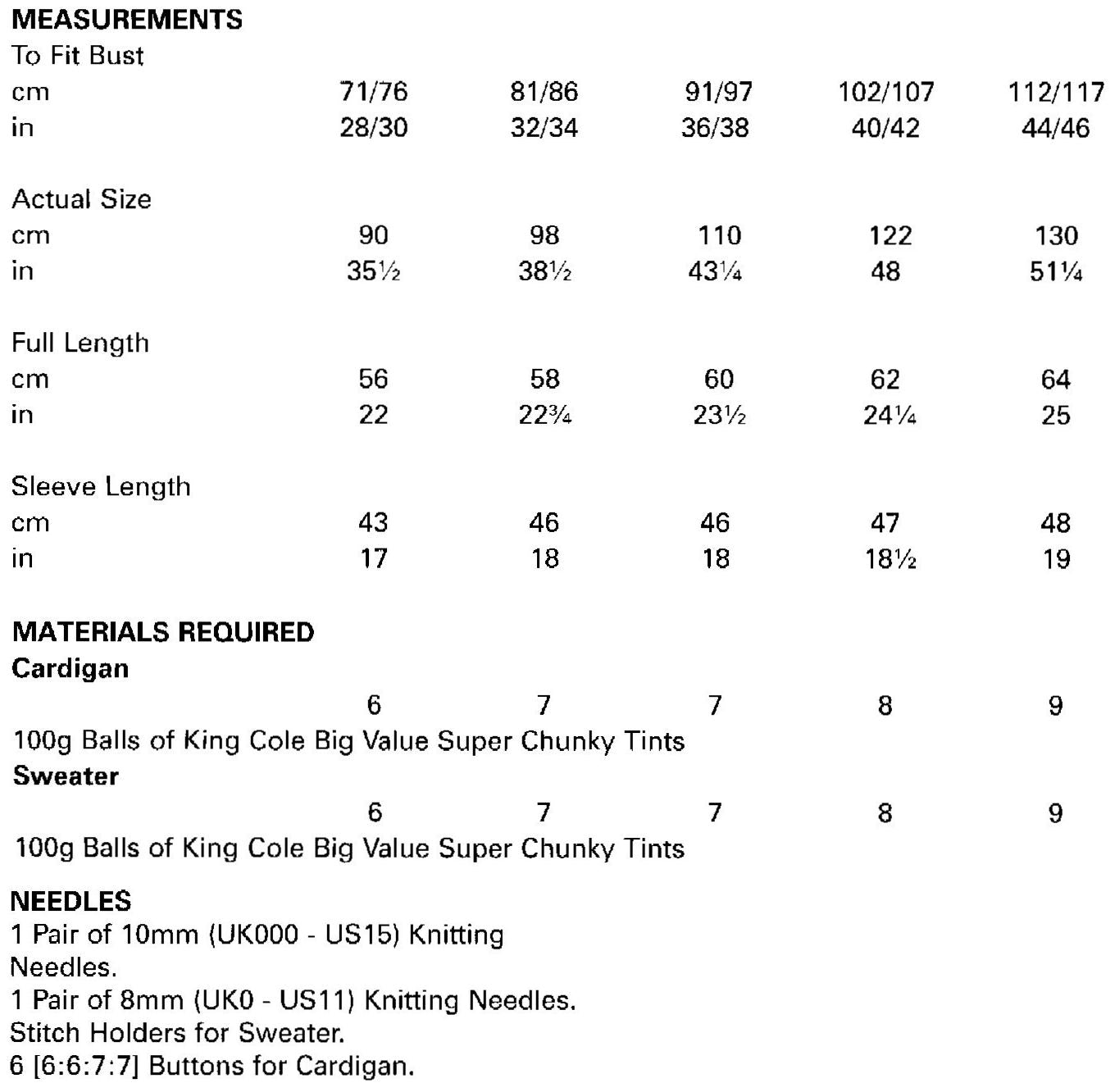 King Cole Big Value Super Chunky Tints Leaflet 5029 - Sizes and Materials