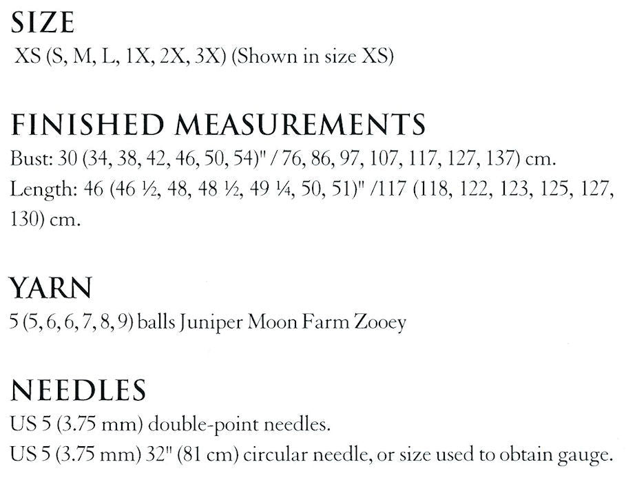 El Seyf Multi-Wrap Cardigan Pattern Leaflet by Mari Chiba for Juniper Moon Farm - Sizes and Materials