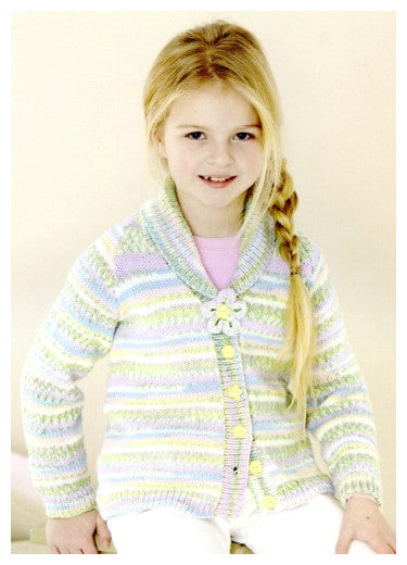 Sirdar Book 501 - Cute Crofter Chums - Design 4675 - Shawl Collared Cardigan with Floral Embellishment