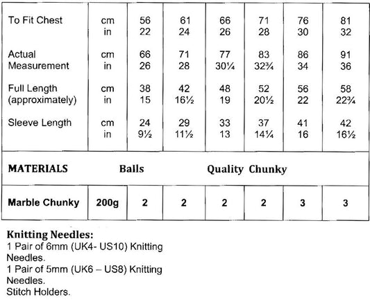James C. Brett Marble Chunky Leaflet JB499 - Sizes and Measurements