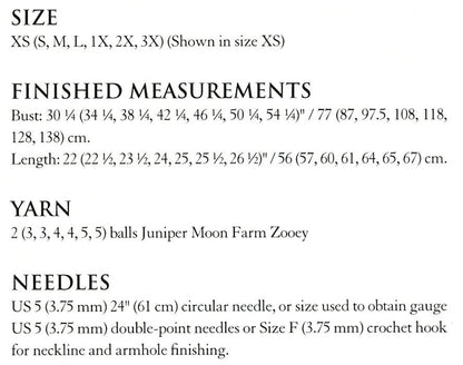 Sommer Sleeveless Top Pattern Leaflet by Mari Chiba for Juniper Moon Farm - Sizes and Materials